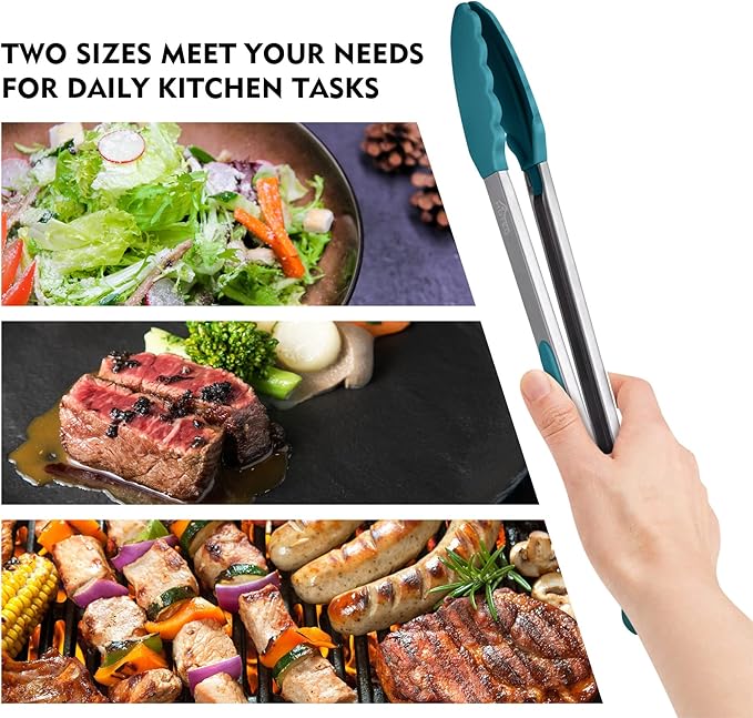 HOTEC Premium Stainless Steel Locking Kitchen Tongs with Silicon Tips, Set of 2-9" and 12", Turquoise - Image 4