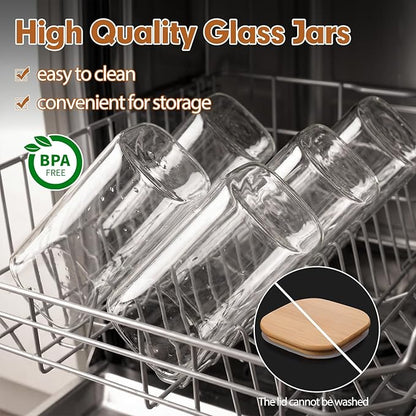 Moretoes 6 Pack 1.2qt Square Glass Storage Containers with Bamboo Press Lids, Airtight Pantry Storage Jars for Flour, Sugar, Dry Goods