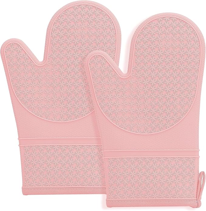 Hovico Silicone Oven Mitts, Heat Resistant 500F Kitchen Mitts 2PCS, 11.6" BPA-Free Soft Baking Gloves, Non-Slip Grip Oven Gloves with Soft Cotton Lining for Kitchen Cooking Baking BBQ - Pink by Hovico