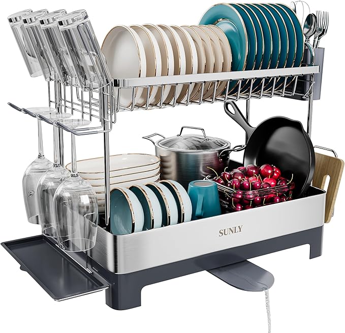 SUNLY Large Dish Drying Rack, Multipurpose 2 Tier Dish Racks for Kitchen Counter, 304 Stainless, Extra Large Drain Board, Gray by SUNLYHOME