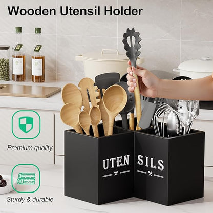 ZUJJAFY Utensil Holder for Kitchen Counter, Corner Kitchen Utensil Holder for Countertop with 3 Compartments, Wooden Cooking Utensil Organizer for Spatula Storage, Black