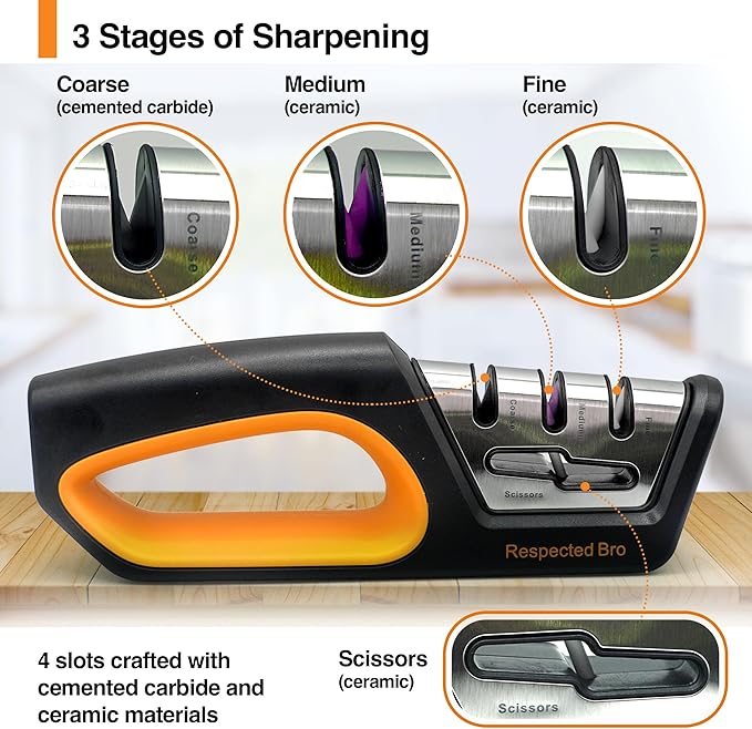RESPECTED BRO 4-in-1 Knife and Scissors Sharpener, Premium Kitchen Knife Sharpener Tool, Help Prepare Restore & Polish Blades, Comfort & Ergonomic Handles For Easy-To-Use