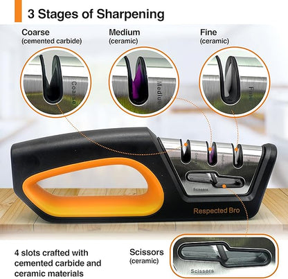 RESPECTED BRO 4-in-1 Knife and Scissors Sharpener, Premium Kitchen Knife Sharpener Tool, Help Prepare Restore & Polish Blades, Comfort & Ergonomic Handles For Easy-To-Use