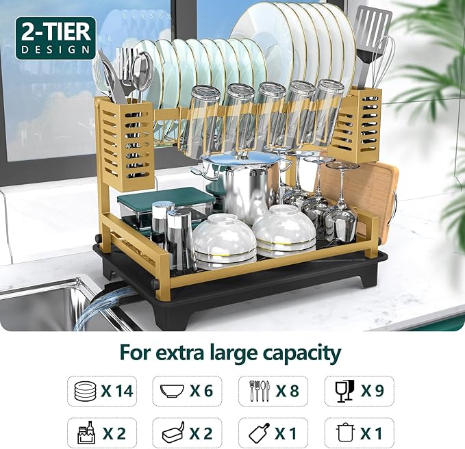 B-Land Dish Drying Rack, 2 Tier Dish Racks for Kitchen Counter, Large Dish Drying Rack with Drainboard & Utensil Holders, Rust-Proof Dish Drainers,Kitchen Organization Gold - Image 2