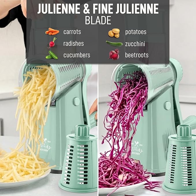 Zulay Kitchen Rotary Cheese Grater 5 Blade Cheese Shredder - Manual Hand Crank Cheese Grater With Reinforced Suction & 5 Interchangeable Drums - Easy to Use, Vegetable Chopper Round Mandoline Slicer - Image 6