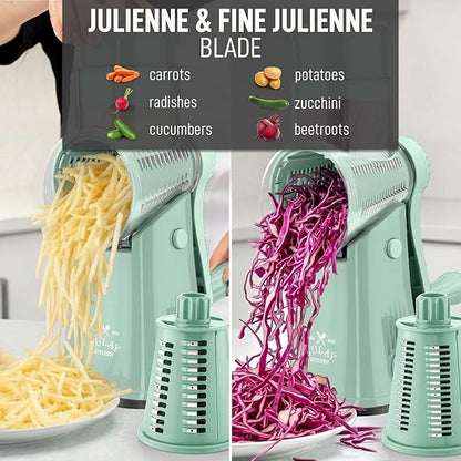 Zulay Kitchen Rotary Cheese Grater 5 Blade Cheese Shredder - Manual Hand Crank Cheese Grater With Reinforced Suction & 5 Interchangeable Drums - Easy to Use, Vegetable Chopper Round Mandoline Slicer - Image 6