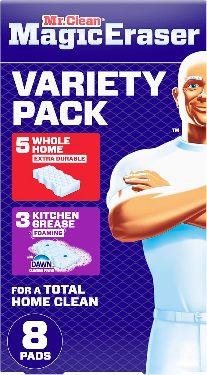 Mr. Clean Magic Eraser Sponge, All Purpose Cleaner, Cleaning Scrubber, Wall, Kitchen, Bathroom, Shower Cleaner, Melamine Sponge, Cleaning Pads, Variety Pack, 5 Extra Durable, & 3 Grease Magic Erasers by MrClean