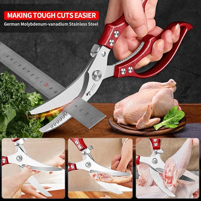 MAD SHARK Professional Heavy Duty Poultry Shears - Kitchen Shears for Spatchcocking Chicken and Meat Cutting, Multi-Purpose Kitchen Scissors for Food, Spring-loaded (Red) - Image 4