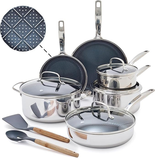 Blue Diamond Hybrid Nonstick Stainless Steel 12 Piece Cookware Set, Tri-Ply PFAS-Free Ceramic Diamond Bond Pots & Pans, Dishwasher & Oven Safe to 850F, Induction Ready, Metal Utensil Safe, Silver by BlueDiamondCookware