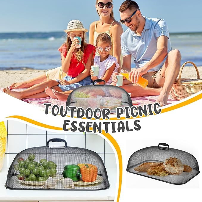 Hicarer 4 Pcs Metal Mesh Screen Food Cover for Outdoors Set Large 18.5 Inch Mesh Food Tents for Picnic Indoor Plate(Black) - Image 4