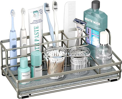 HapiRm Toothbrush Holders for Bathroom - 5 Partitions Bathroom Counter Organizer with Instant Drying Stone, Stainless Steel Countertop Storage Electric Toothbrush Toothpaste Holder - Brushed Nickel
