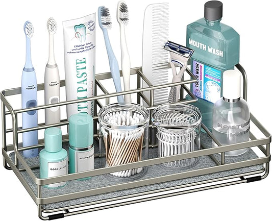 HapiRm Toothbrush Holders for Bathroom - 5 Partitions Bathroom Counter Organizer with Instant Drying Stone, Stainless Steel Countertop Storage Electric Toothbrush Toothpaste Holder - Brushed Nickel