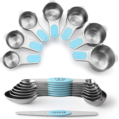 Spring Chef Magnetic Measuring Cups & Spoons Set, Patented, Strong Magnets, Heavy Duty Stainless Steel Fits in Spice Jars for Baking & Cooking, BPA Free, Round Set of 15 with Leveler, Aqua Sky by SpringChef