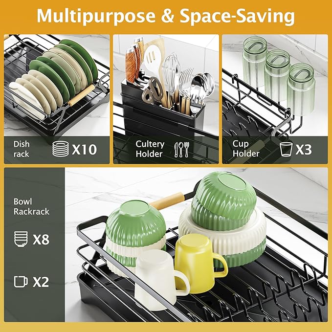 Epicano Dish Drying Rack for Kitchen Counter - Large Capacity Dish Rack with Wooden Handle,Cup Holder & Knife Slots, Rustproof Dish Drainer with Auto-Drainage System, Kitchen Sink Organizer, Black - Image 2