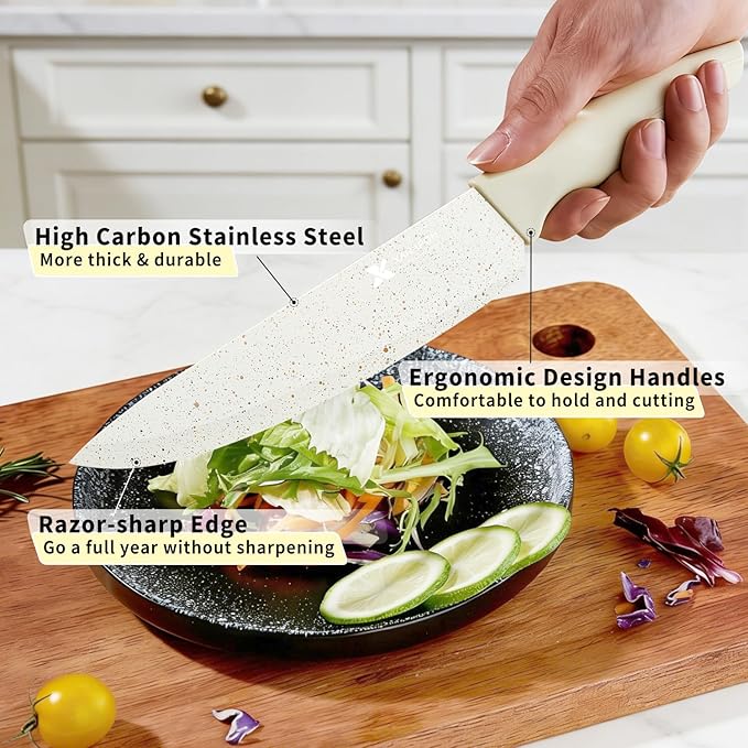XANAPON Knife Set, Dishwasher Safe Kitchen Knife Set, CreamWhite Ergonomic Handle and Ceramic-Coated Blades, Built-in Sharpener Block, Sturdy German Stainless Steel - Image 3