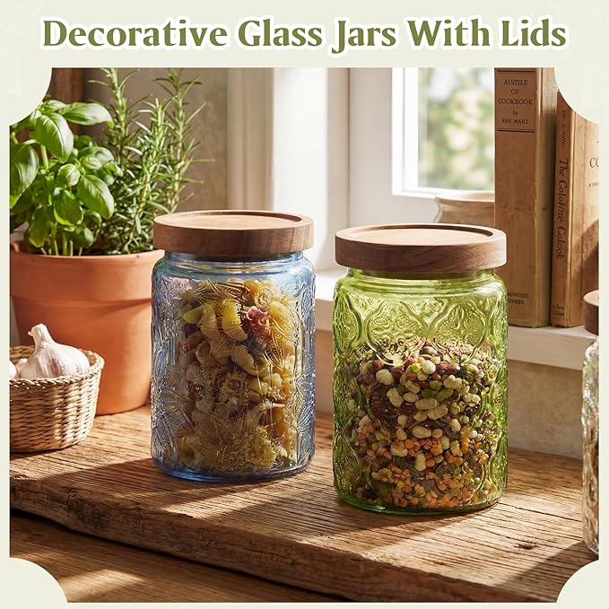 Willinglong 2 Pack 23.7oz Colored Vintage Glass Storage Jars with Wooden Lids Embossed Floral Decorative Canisters for Kitchen Countertop Airtight Container for Sugar Cookie Coffee Tea (Green, Blue) - Image 5
