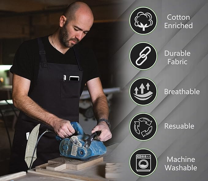 RUVANTI Work Aprons for Men/Women with Pockets - Adjustable up to XXL - Professional Grade Durability - Black Apron for Barber, Chef, BBQ, Kitchen, Cleaning - 1 Pack