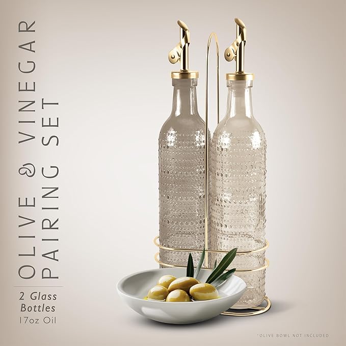 COOK WITH COLOR Glass Olive Oil Bottle Dispenser - 2 Pack- 17oz Oil and Vinegar Cruet - Olive Oil Carafe Decanter for Kitchen, Champagne Bubbles, Brown - Image 2