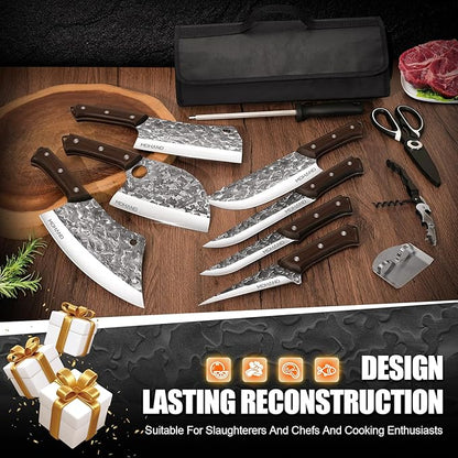 MDHAND Butcher Knife Set, 14PCS Hand Forged Butcher Chef Knife Set with Roll Bag, Heavy Duty Meat Cleaver, Fillet Knives, Meat Cutting Knife for Home Kitchen & Camping BBQ, Gifts for Men Women
