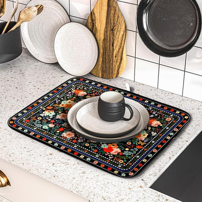 Black Flowers Dish Drying Pad Boho Floral Washable Microfiber Kitchen Mat for Home Decor - Image 5