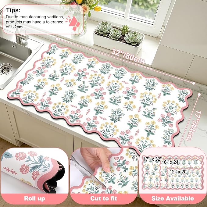 LOKHOM Scalloped Floral Dish Drying Mat, 17"x32" Super Absorbent Coffee Mat with Unique Pink Pastoral Floral, Cuttable Hide Stain Non-slip Drying Mat for Kitchen Counter Coffee Maker Espresso Machine - Image 2
