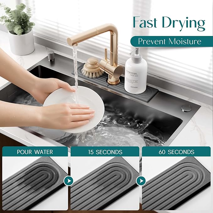 Eormoe Kitchen Sink Faucet Mat - 15.7in Diatomite Sink Protectors for Kitchen Sink, Stone Sink Splash Guard for Kitchen Counter Sink Accessories (Dark Grey, 15.7'' x 3.9'') - Image 3