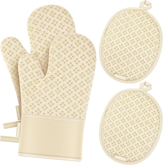 Oven Mitts and Pot Holders 4 Sets, Heat Resistant 500 ℉ Oven Mitt and Pot Holder,Oven Glove&Potholders with Non-Slip Silicone Surface,Kitchen Essentials for Cooking/Baking/BBQ-Beige by QEVOOON