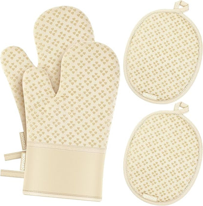 Oven Mitts and Pot Holders 4 Sets, Heat Resistant 500 ℉ Oven Mitt and Pot Holder,Oven Glove&Potholders with Non-Slip Silicone Surface,Kitchen Essentials for Cooking/Baking/BBQ-Beige by QEVOOON