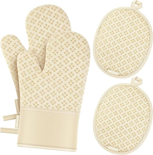 Oven Mitts and Pot Holders 4 Sets, Heat Resistant 500 ℉ Oven Mitt and Pot Holder,Oven Glove&Potholders with Non-Slip Silicone Surface,Kitchen Essentials for Cooking/Baking/BBQ-Beige by QEVOOON