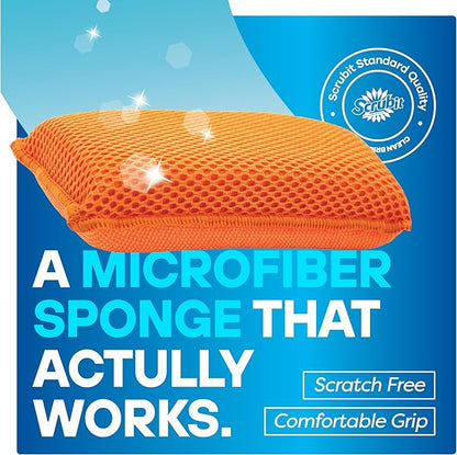 SCRUBIT Reusable Sponges for Dishes - 12 Pack Microfiber Sponges Kitchen Dish Scrubber, Machine Washable & Non-Scratch Scrubbers (Orange)
