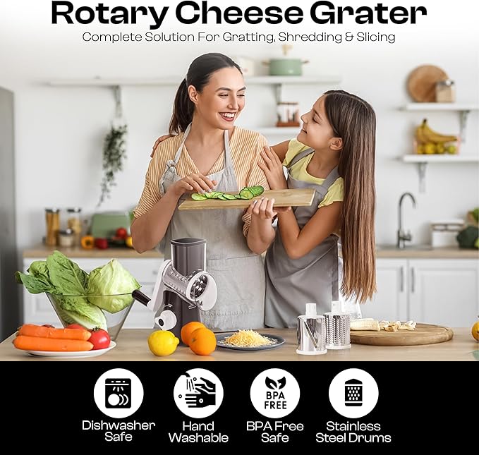 Rotary Cheese Grater Hand Crank - Cheese Shredder Hand Crank with Handle, Vegetable Shredder with 3 Stainless Steel Blades & Strong Suction Base – Round Slicer & Food Chopper for Kitchen - Image 7