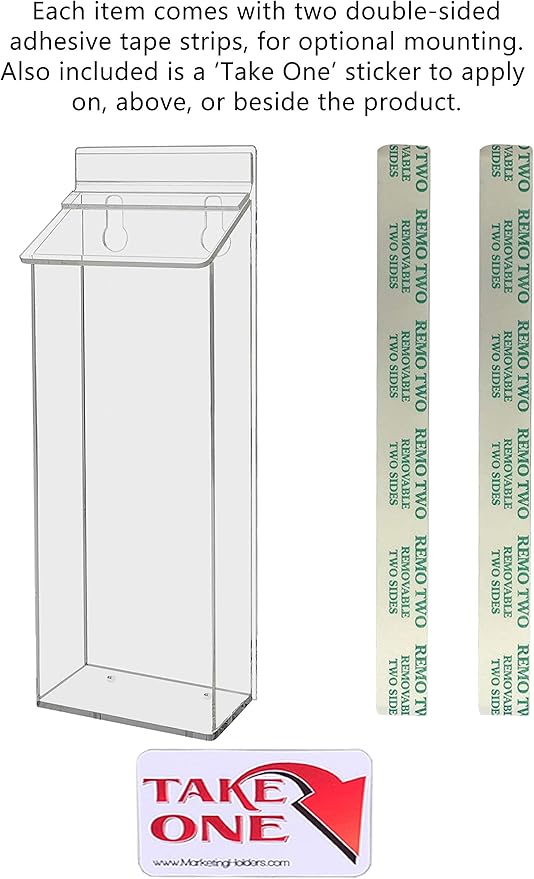 Outdoor Brochure Holder Holds 4" x 9" Advertising Trifolds Clear Acrylic Wall Mount Rack Card Box with Lid Includes Adhesive Strips and Take One Sticker by Marketing Holders