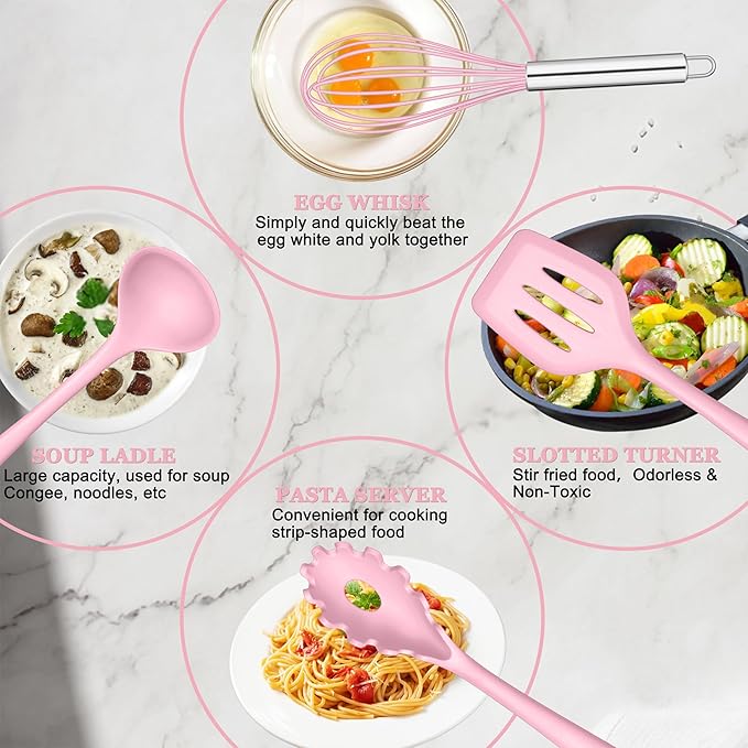 E-far Pink Silicone Cooking Utensils Set, 10-Piece Kitchen Utensil Set for Nonstick Cookware, Silicone Kitchen Tools with Spatula Turner Spoon Tongs Whisk, Heat Resistant & Non-Toxic, Dishwasher Safe - Image 3