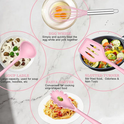 E-far Pink Silicone Cooking Utensils Set, 10-Piece Kitchen Utensil Set for Nonstick Cookware, Silicone Kitchen Tools with Spatula Turner Spoon Tongs Whisk, Heat Resistant & Non-Toxic, Dishwasher Safe - Image 3