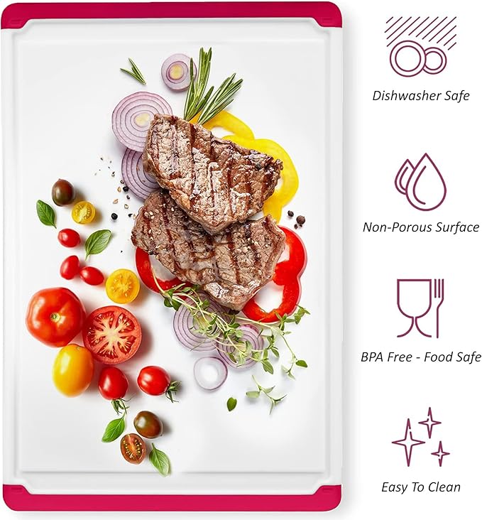 Large Kitchen Plastic Cutting Board - Dishwasher Safe Non-Slip Cutting Boards with Juice Grooves, Easy Grip Handles - Large and Thick Chopping Board Red - Image 4