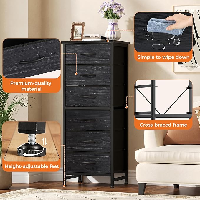 Sweetcrispy Tall Fabric Dresser for Bedroom, 6 Drawer Skinny Chest of Drawers, Narrow Storage Tower with Wood Top and Metal Frame,Bedroom Organization Furniture, Black Wood Grain
