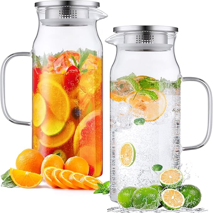 Bivvclaz 2 Pack 2 Liter 68 oz 2.1 Qt Glass Pitcher with Lid and Handle, Water Pitcher for Fridge, Glass Carafe for Hot/Cold Water, Large Iced Tea Pitcher for Coffee, Juice and Homemade Beverage by Bivvclaz