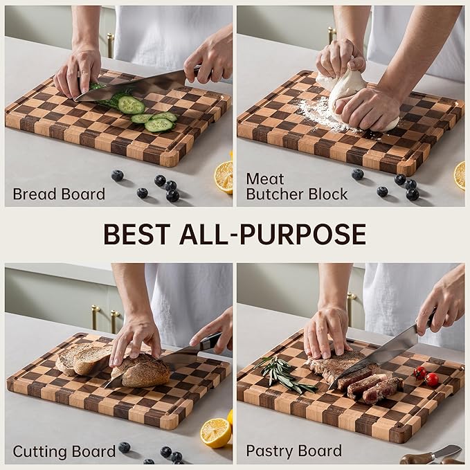 Checkerboard Cutting Boards for Kitchen, Acacia Wooden Cutting Board, End Grain Chopping Board with Juice Groove, Serving Tray for Meat, Vegetables, Fruits, Bread, Cheese, 14" X 11" X 0.8" - Image 7