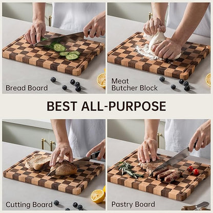 Checkerboard Cutting Boards for Kitchen, Acacia Wooden Cutting Board, End Grain Chopping Board with Juice Groove, Serving Tray for Meat, Vegetables, Fruits, Bread, Cheese, 14" X 11" X 0.8" - Image 7