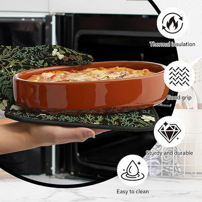 Botanical Print Floral Oven Mitts and Pot Holders Sets Black Sage Green Leaves Kitchen Oven Gloves Hot Pads Farmhouse Potholders and Kitchen Mitts 4Pcs for Baking Cooking BBQ (Black)