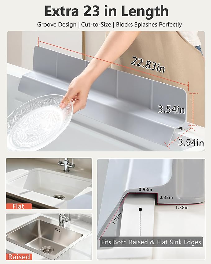 Kitchen Sink Splash Guard 23" 18" 30" Self-Draining Silicone Water Guard with High Splash Wall & Strong Suction Cups for Faucet, Countertop & Sink Edge, Keeps Sinks Dry, Dishwasher Safe, Gray