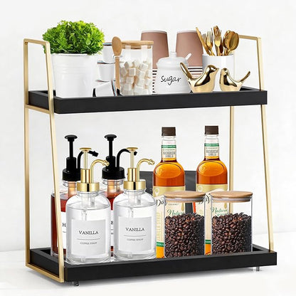 Coffee Bar Accessories, Black Gold Coffee Station Organizer for Countertop Decor, 2 Tier Large Wooden CoffeeBar Shelf for Office, Breakroom, Bathroom by Unknown