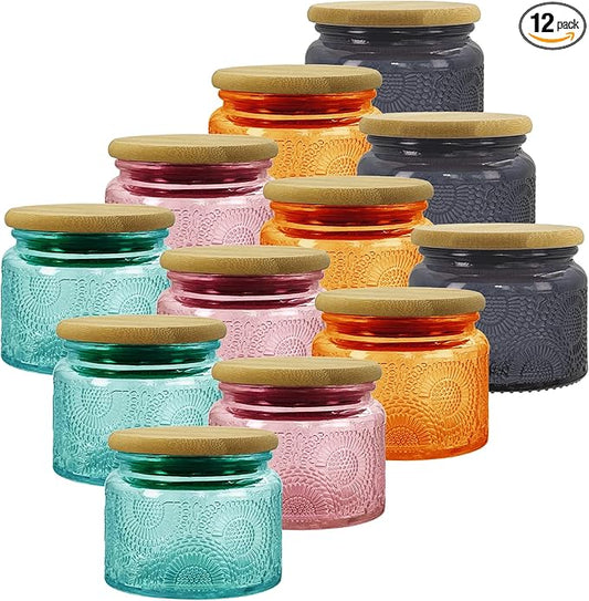 4 oz Colored Mini Glass Jars with Airtight Bamboo Lids 12 pack, Decorative Small Food Storage Canister, Vintage Embossed Home Décor Candle Parties Wedding Baby Shower Favors Gift