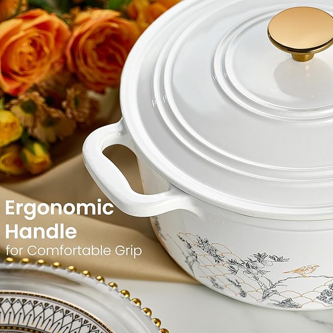 CAROTE 5QT Cast Iron Dutch Oven Pot with Lid, Enameled Floral Dutch Ovens with Gift Box, Cast Iron Pot for Sourdough Bread Baking, Braising, Stews, Roasting, Dual Handles, Healthy & Non-Toxic, All Stovetop Compatible, Oven Safe up to 500° F, White - Image 5