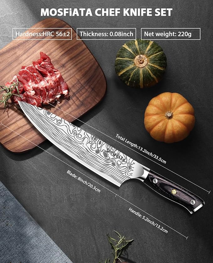 MOSFiATA 8" Super Sharp Professional Chef's Knife with Finger Guard and Knife Sharpener, German High Carbon Stainless Steel EN1.4116 with Micarta Handle and Gift Box - Image 7