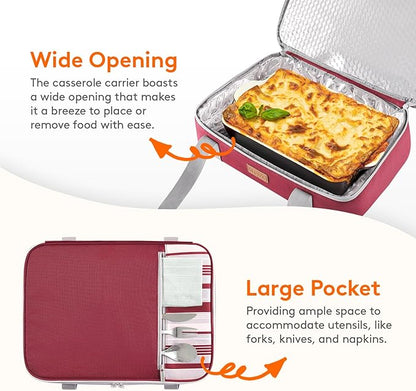 Lifewit Insulated Double Decker Casserole Carrier, Expandable Lasagna Lugger Tote Bag for Hot or Cold Food, Fits 9" x 13" Baking Dish for Potluck Parties, Picnic and Cookouts, Red