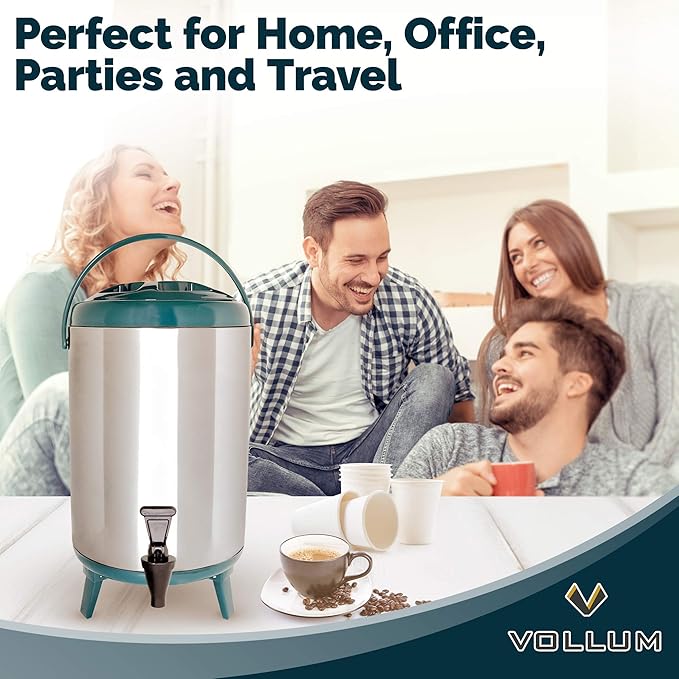 Vollum Stainless Steel Insulated Beverage Dispenser – Insulated Thermal Hot and Cold Coffee Carafe – 12 Liter Drink Dispenser with Spigot for Hot Water, Tea & Coffee, Cold Milk, Juice & More TEAL