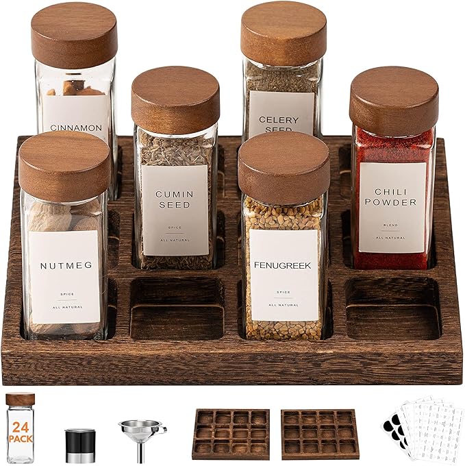 Yangbaga 24Pcs Glass Spice Jars with Labels-4oz Acacia Wood Lid Square Spice Containers and 2pcs Rack with Pepper Grinder Lids &Funnel,Seasoning Jars for Rack Cabinet Drawer by Hanber