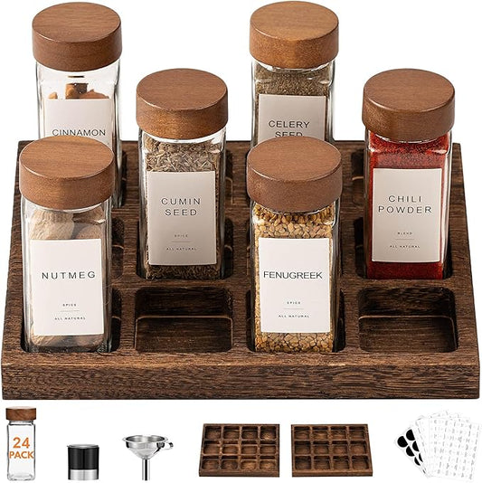 Yangbaga 24Pcs Glass Spice Jars with Labels-4oz Acacia Wood Lid Square Spice Containers and 2pcs Rack with Pepper Grinder Lids &Funnel,Seasoning Jars for Rack Cabinet Drawer by Hanber