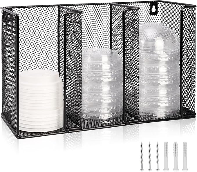 Wall Mount Coffee Cup Lid Holder Organizer 3 Compartments Coffee Cup Lid Dispenser Black Metal Mesh Disposable Cup and Lid Storage for 8-24 Oz Capacity Cup Lid Kitchen Restaurant Coffee Bar Office by DLUGOPIS
